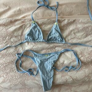 Baby blue gingham bikini set - top and bottom SMALL